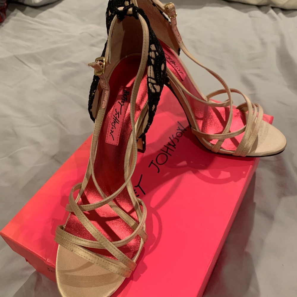 Ankle strap open toe stilettos with lace detailing